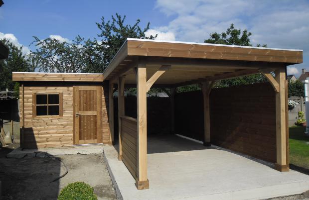 carport met tuinhuis blokhut in thermohout